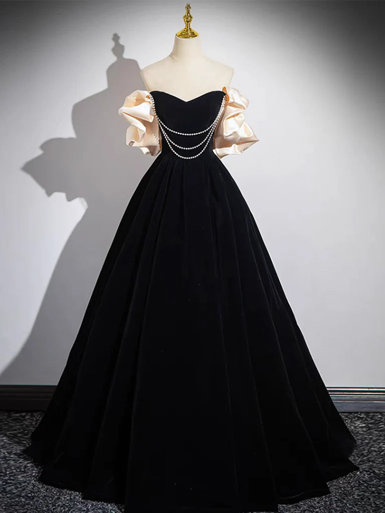 Wholesale A-Line Black Velvet Long Prom Dress Black Long Evening Dress gowns evening dresses